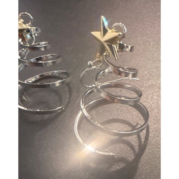 Silver Christmas Tree Spiral Earrings With Gold Star - Picture 2 of 4